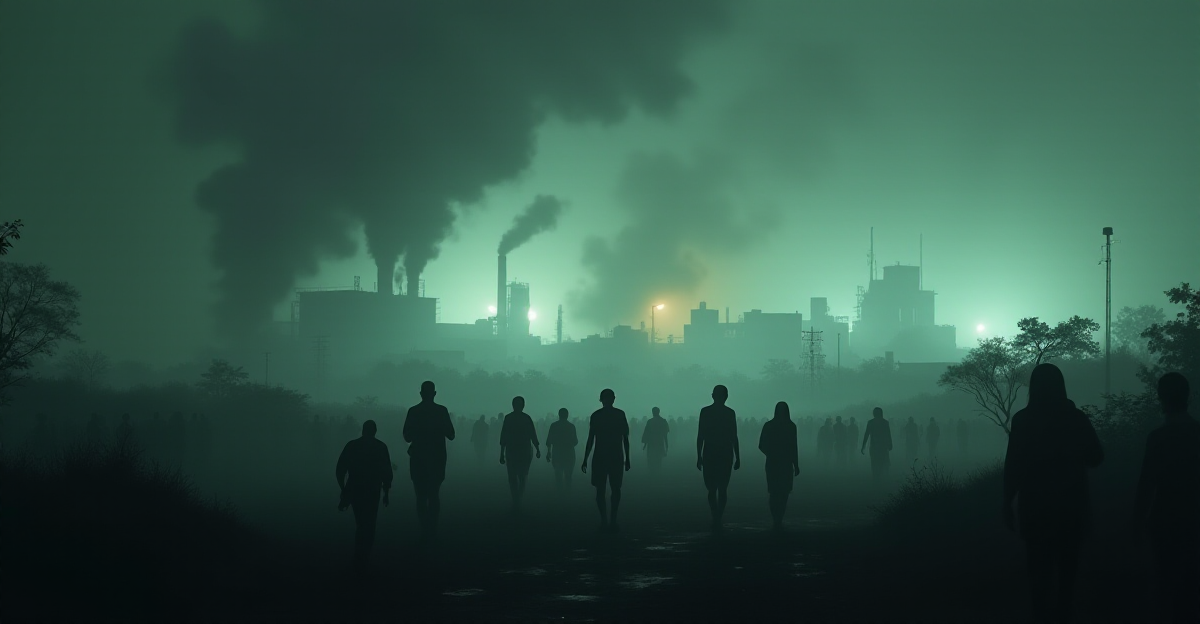 A haunting and somber depiction of the Bhopal disaster. Render the city skyline shrouded in a thick, toxic cloud, illuminated by the eerie glow of emergency lights. Silhouettes of fleeing residents, their faces obscured by fear and pain, are scattered across the foreground. The air is thick with the ghostly white of the gas, creating a sense of suffocating despair. Depict the scene with a gritty, realistic style, focusing on the stark contrast between the city's normalcy and the devastating impact of the disaster.