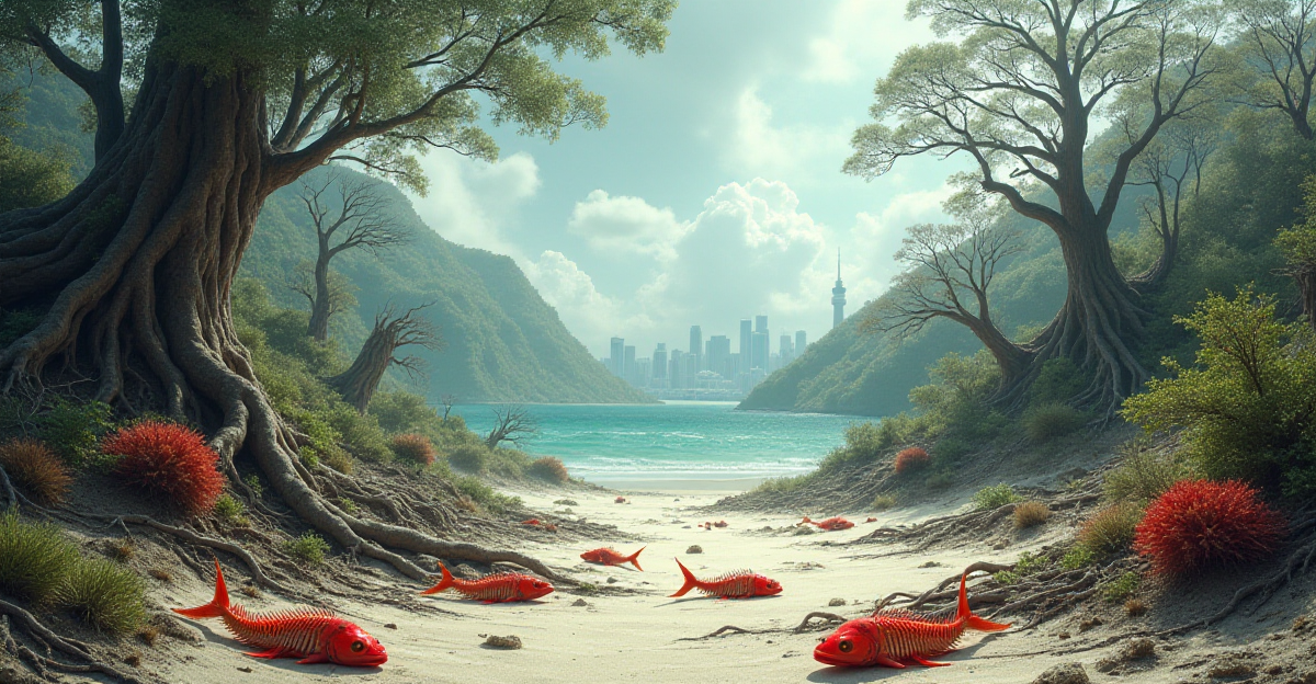 A surreal and unsettling landscape depicting the consequences of biodiversity loss. Imagine a vibrant coral reef, now bleached and lifeless, with skeletal fish carcasses scattered across the sand. A once lush forest stands barren, its towering trees stripped of leaves, revealing a web of tangled roots. In the distance, a bustling city sprawls, a stark reminder of human impact. The scene is shrouded in a somber, muted palette of greys, browns, and faded blues, punctuated by flashes of vibrant red to highlight the lost life. The composition emphasizes the juxtaposition of vibrant, once-thriving ecosystems and their current desolate states, evoking a sense of melancholy and urgency. The artwork should convey the stark reality of biodiversity loss, prompting contemplation on the fragile interconnectedness of life and the crucial need for environmental protection.