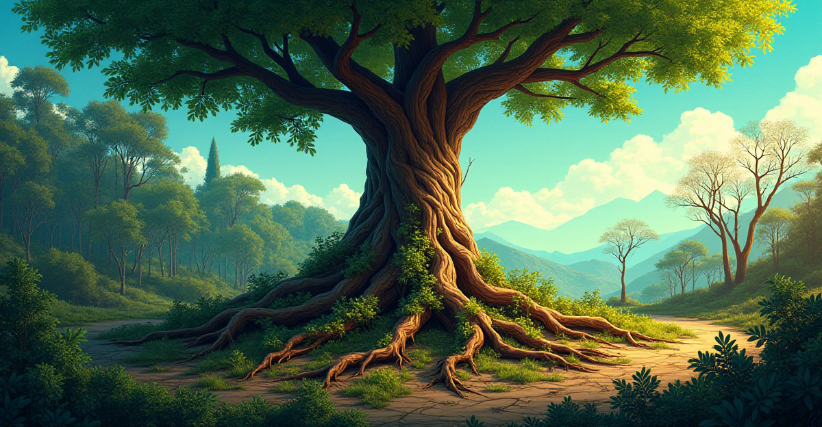 A powerful and evocative illustration depicting the interconnectedness of life and the impact of biodiversity loss. Imagine a lush, vibrant forest scene teeming with diverse flora and fauna, showcasing the delicate balance of nature. As the central focus, a majestic tree stands tall, its roots intertwined with a complex web of life – representing the intricate relationships within an ecosystem. However, alongside this thriving life, a section of the forest is depicted in stark contrast: withered trees, barren land, and a sense of emptiness symbolizing the consequences of biodiversity loss. The color palette should transition from vibrant greens and warm browns to muted grays and browns, mirroring the decline of the ecosystem. This piece should capture a sense of both beauty and vulnerability, urging viewers to reflect on the importance of protecting our planet's biodiversity.
