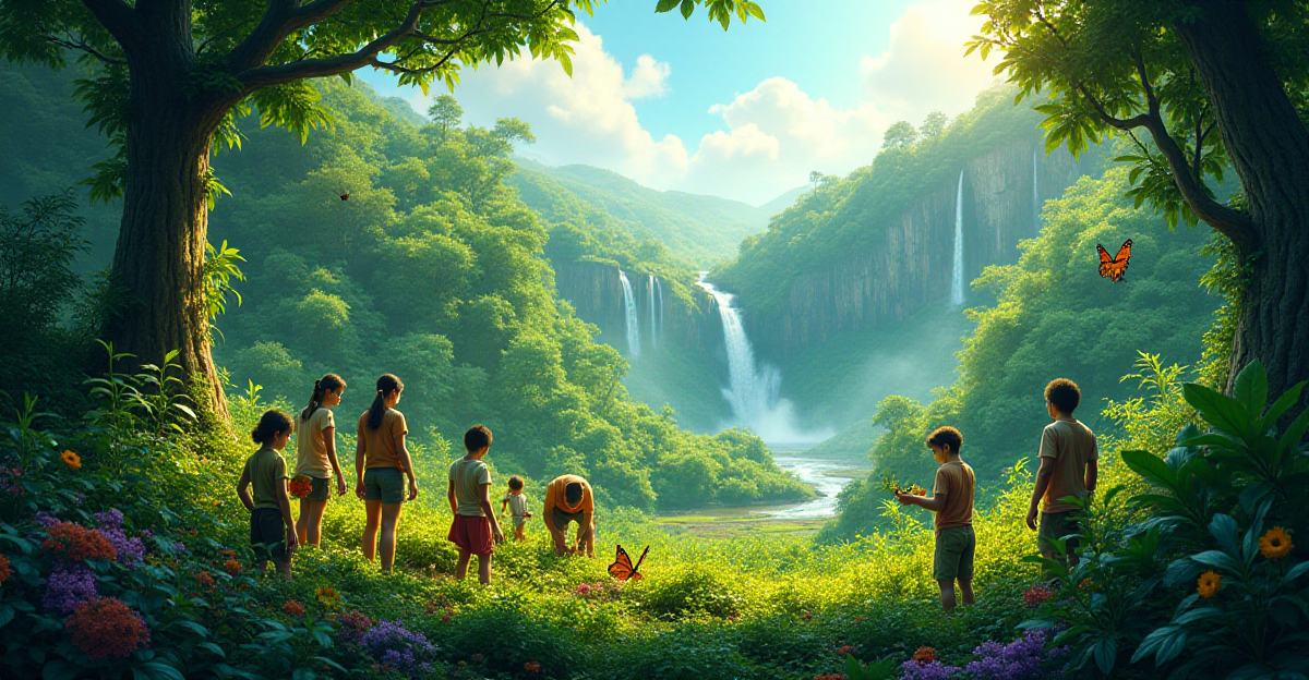 A vibrant, interconnected ecosystem showcasing the interconnectedness of life. Depict a lush green rainforest with sunlight filtering through the canopy, highlighting diverse species of plants and animals. In the foreground, a group of children, a scientist, and a farmer, working together to plant trees and tend to a garden, representing the collaborative efforts needed to protect biodiversity. The scene should be alive with color, depicting vibrant flora and fauna, with a sense of hope and optimism. Incorporate elements of scientific research and sustainable practices, such as a researcher studying a butterfly, a beehive buzzing with activity, and a field of organic crops. The background should showcase a lush forest, with a waterfall cascading down a rocky cliff, symbolizing the beauty and importance of preserving nature's wonders.