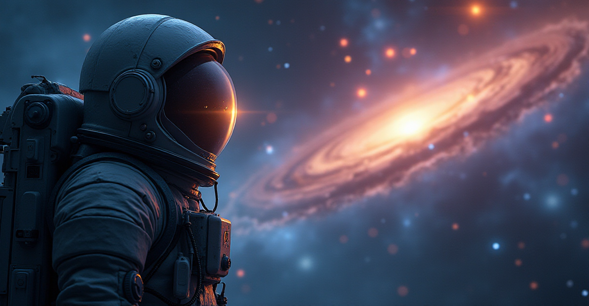 A captivating scene depicting the interplay of sound and space. In the foreground, an astronaut in a spacesuit, helmet removed, listens intently to the faint hum of a distant galaxy. Behind them, a vast, star-strewn panorama with nebulae swirling in vibrant hues. The astronaut's eyes reflect the cosmic glow, highlighting the contrast between the silence of space and the symphony of the universe. The scene is rendered in a photorealistic style, capturing the textures of the spacesuit, the depth of space, and the ethereal beauty of cosmic phenomena.
