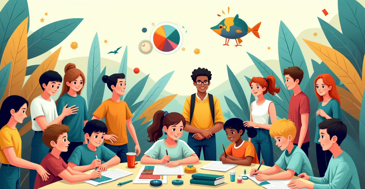 A vibrant illustration depicting the diverse possibilities of project-based learning. The scene features a diverse group of students, from elementary to high school, collaborating on various projects. Each student group represents a different subject, like science, art, or history. For example, one group could be building a miniature rainforest model, while another might be designing a robot or creating a historical diorama. The overall mood should be energetic, engaging, and positive, highlighting the fun and collaborative nature of PBL. Include bright colors, playful textures, and dynamic compositions to emphasize the creative energy and excitement of learning through projects. The illustration should capture the spirit of active participation, creativity, and the joy of discovery that comes with project-based learning.