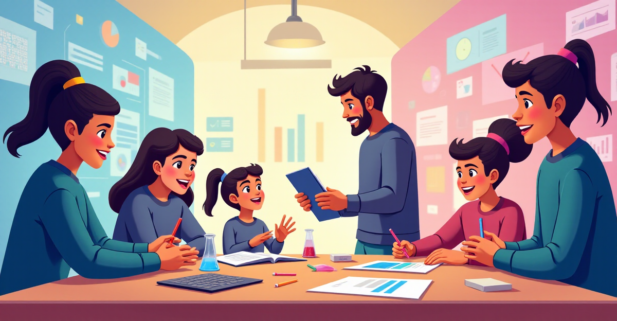 A vibrant and engaging illustration depicting the transformative power of Project-Based Learning (PBL). Imagine a classroom scene where students are actively engaged in a project, their faces lit with excitement and concentration. They could be working on a science experiment, building a model, or presenting their findings to a group. The background could be a dynamic blend of colors reflecting the energy and creativity of PBL. Include visual elements like graphs, charts, and prototypes to showcase the hands-on nature of the learning process. The overall mood should be positive and optimistic, highlighting the joy of discovery and the empowerment of student-driven learning. The scene should be composed in a way that emphasizes the collaborative and interactive nature of PBL, with students working together and sharing ideas. Use a style that is both modern and engaging, capturing the dynamic spirit of PBL.