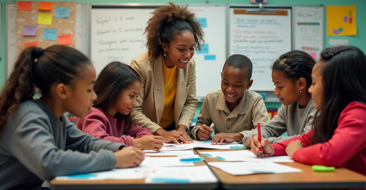 A vibrant and engaging classroom scene depicting a group of diverse students collaborating on a project. The room is filled with colorful posters, whiteboard notes, and various materials for hands-on learning. The students are actively engaged in their tasks, demonstrating enthusiasm and a sense of ownership over their projects. The teacher, a warm and approachable figure, is guiding the students through the process, providing feedback and fostering a supportive learning environment. The overall mood should be energetic, positive, and filled with a sense of creative exploration. The scene should evoke the feeling of students actively learning and applying their knowledge to real-world problems. Consider incorporating a color palette that reflects the vibrancy of the PBL approach. Focus on the diverse faces of the students, conveying their excitement and engagement in the learning process. The image should depict a dynamic classroom environment where learning is both interactive and impactful.