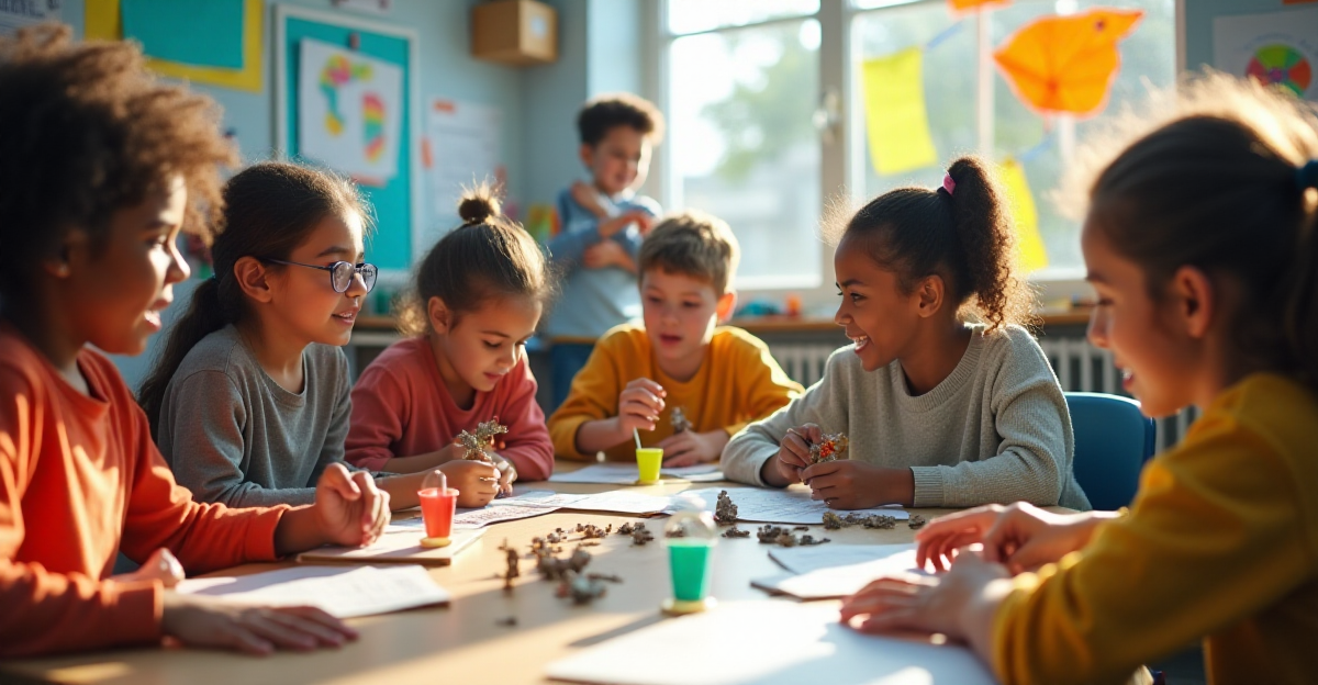 A vibrant classroom scene depicting the energy and collaborative spirit of project-based learning. Capture a diverse group of students, ages 10-14, engrossed in a hands-on project. Show a mix of activities - building models, coding, conducting experiments, researching, and presenting ideas. The scene should feel dynamic, with students engaged in active learning, surrounded by colorful posters, diagrams, and tools. Natural light floods the room, highlighting their focused expressions and the playful atmosphere of discovery. The overall mood should be bright, positive, and engaging, showcasing the excitement and joy of learning through project-based activities.