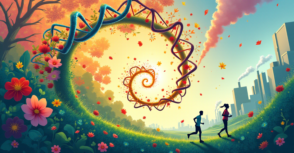 A vibrant, colorful illustration depicting the intricate dance between our environment and our genes. Imagine a swirling vortex of colorful DNA strands, representing the complex tapestry of our genetic code. These strands are interwoven with various environmental elements: a blooming flower symbolizing healthy diet, a person exercising amidst a green landscape representing physical activity, and a city skyline with pollution signifying environmental stressors. The background could feature a subtle gradient of colors, shifting from vibrant greens and blues for positive influences to muted grays and oranges for negative influences. The overall mood should be one of dynamic interplay and potential for change, emphasizing the power of environmental factors to shape our genetic destiny.