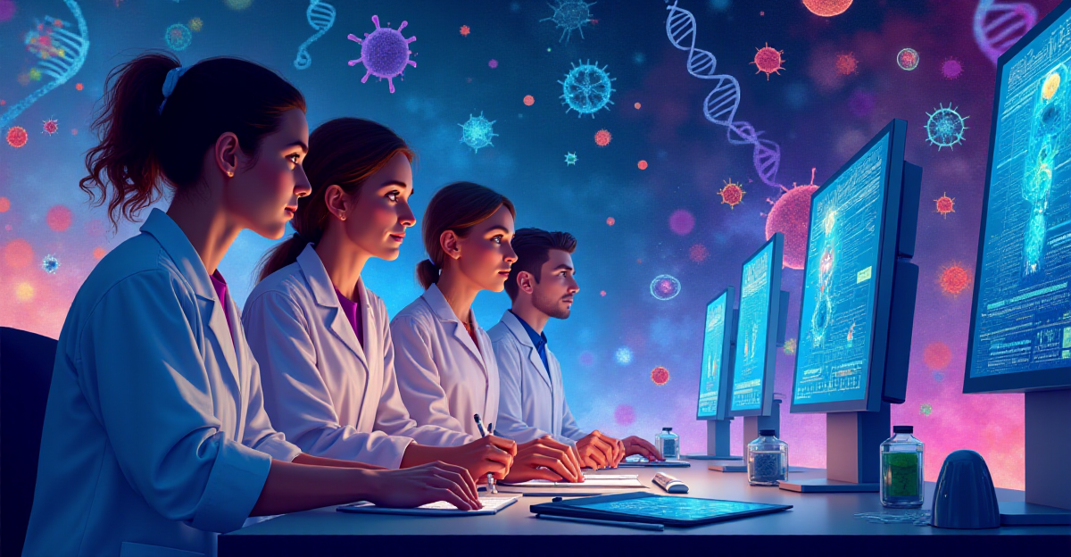 A vibrant and colorful illustration depicting the future of epigenetics research, showcasing a futuristic laboratory setting. The scene should feature a diverse group of scientists working together, their faces illuminated by the glow of monitors displaying complex data visualizations representing epigenetic modifications. The background should include intricate molecular structures and DNA strands, symbolizing the complex interplay of genes and environment. The overall mood should be hopeful and optimistic, emphasizing the transformative potential of this field. The image should incorporate a blend of scientific realism with futuristic elements, highlighting the cutting-edge nature of epigenetic research.