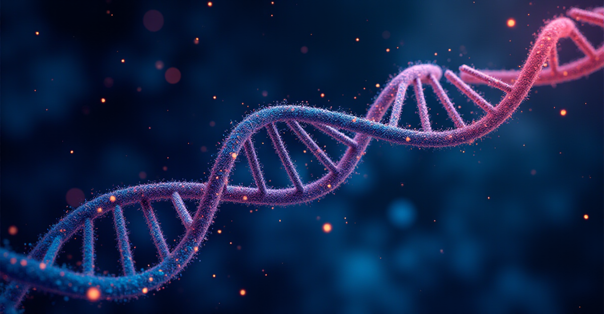 A stylized illustration depicting the concept of epigenetics. Imagine a double helix DNA strand, rendered with a vibrant, almost neon-like glow, floating in a dark, abstract background. The DNA strand is surrounded by swirling shapes and lines representing various lifestyle choices like food, exercise, and stress, all interacting with the DNA. The scene should feel dynamic and energetic, highlighting the influence of these choices on the DNA's expression. The colors should be a mix of cool blues and purples for the background, contrasting with warm, vibrant hues for the DNA and lifestyle elements. The overall mood should be informative, encouraging curiosity and exploration of this fascinating scientific concept.