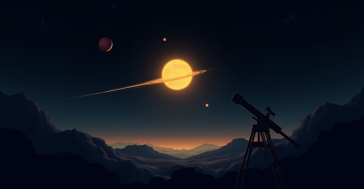 A dramatic, stylized illustration depicting the various methods used to discover exoplanets. Imagine a dark, inky black space dotted with distant stars, representing the vastness of the universe. In the foreground, a single, brilliant star shines, its light casting a golden glow across the scene. Around this star, a series of visual elements represent each detection method: * **The Transit Method:** A tiny, planet-shaped silhouette passes in front of the star, creating a temporary dip in its light, illustrated as a subtle dark band. * **The Radial Velocity Method:** A subtle, shimmering wave-like effect emanating from the star, symbolizing the wobble caused by a planet's gravitational pull. * **Direct Imaging:** A powerful telescope, its lens pointed towards the star, capturing a faint, shimmering light emanating from an unseen exoplanet – a tiny, colored sphere. The overall mood is one of scientific wonder and discovery, emphasizing the immense challenge and exciting potential of exoplanet exploration. The color palette should be primarily dark blues, blacks, and deep purples, accented by the star's bright gold and subtle, muted colors for the planet representations. The style should be a mix of scientific illustration and imaginative, almost dream-like imagery, conveying the awe and mystery of the search for exoplanets.