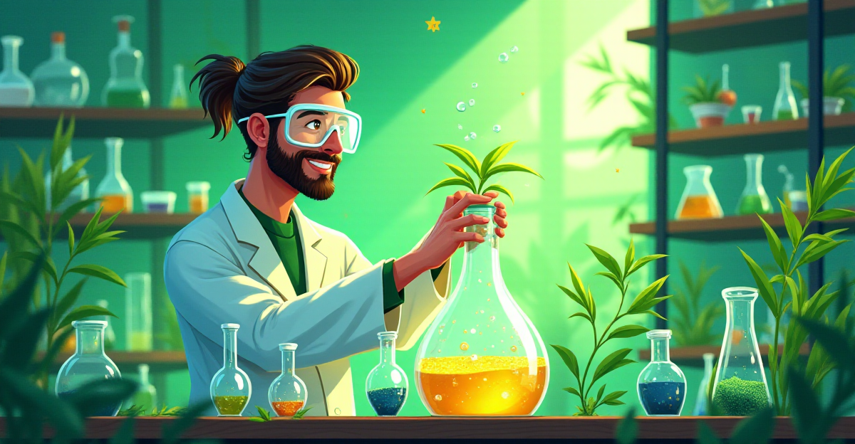 A vibrant and optimistic illustration depicting the concept of green chemistry. Show a scientist, wearing a lab coat and safety goggles, working in a laboratory filled with sustainable equipment and greenery. The scientist is surrounded by bubbling beakers, test tubes, and various scientific instruments, all emanating a soft green glow. Emphasize the use of natural elements like plants, bamboo, and recycled materials in the lab setting. The overall mood should be positive and hopeful, highlighting the transformative power of green chemistry to create a cleaner and healthier future.