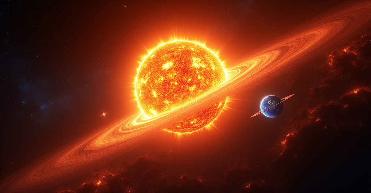 A dramatic depiction of solar phenomena, showcasing the sun's powerful and dynamic nature. In the center, a fiery, incandescent sun explodes with a massive solar flare, releasing a torrent of energy and charged particles. The solar flare should illuminate the surrounding space, creating a swirling vortex of plasma and radiation, with tendrils of energy extending outwards. The sun's corona, a halo of superheated plasma, should shimmer with a vibrant, almost electric blue, contrasting with the fiery red of the flare. In the foreground, a small, blue planet, representing Earth, hangs within the sphere of the sun's influence, surrounded by a faint, ethereal glow. The planet's magnetic field is depicted as a series of curved lines, interacting with the powerful solar wind, creating a visual representation of the invisible forces at play. A sense of awe and wonder should permeate the image, reflecting the powerful and captivating nature of our sun.