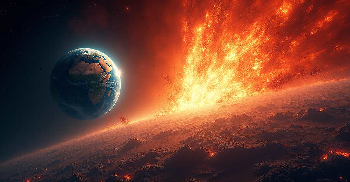 A dramatic, abstract depiction of space weather's impact on Earth. Show a swirling, vibrant mass of solar flares and coronal mass ejections erupting from the Sun, reaching towards a stylized blue Earth in the foreground. The Earth should be surrounded by a pulsing, disrupted magnetic field, showcasing the invisible forces at play. Use a bold color palette with deep reds, oranges, and yellows for the solar activity, contrasting with the cool blues and greens of Earth. Create a sense of power and dynamism, highlighting the vulnerability of our planet to these celestial events. The overall mood should be one of awe and a hint of potential danger, reflecting the importance of understanding and mitigating the effects of space weather.