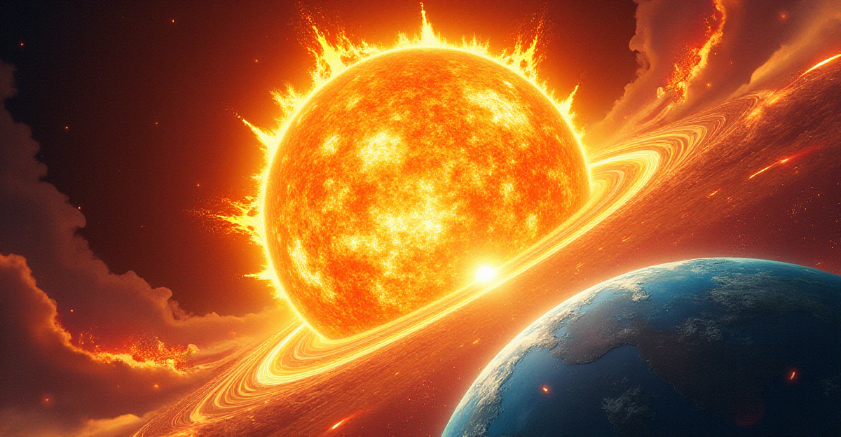 A vibrant and dynamic illustration depicting the Sun as a powerful, radiant orb at the center of the composition. Surrounding the Sun are representations of its various activities, including solar flares erupting as fiery explosions, the solar wind streaming outwards like a river of charged particles, and coronal mass ejections cascading out in massive, swirling clouds. In the background, a depiction of Earth, with its shimmering blue oceans and continents, sits nestled within the Sun's magnetic field, emphasizing the powerful connection between the Sun and our planet. The illustration should be rendered in a blend of scientific accuracy and artistic flair, capturing the awe-inspiring beauty and complex nature of the Sun and its influence on Earth. The color palette should reflect the energy and dynamism of the Sun, with vibrant oranges, yellows, and reds contrasting with the cool blues and greens of Earth.