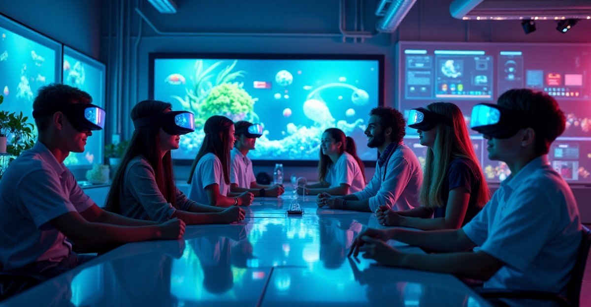 A vibrant, futuristic laboratory filled with glowing screens, colorful circuits, and intricate scientific equipment. In the center, a diverse group of students, both young and old, are immersed in a virtual reality experience, their faces alight with excitement and wonder as they interact with a vibrant, interactive ecosystem displayed before them. The scene is awash in a cool, futuristic blue light, highlighting the sharp angles and sleek lines of the laboratory. A sense of playful discovery and scientific exploration permeates the scene, highlighting the engaging and effective nature of gamification in science.