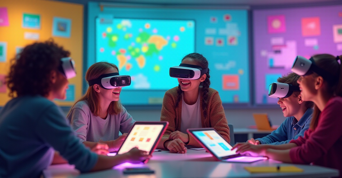 A vibrant and dynamic scene depicting the benefits of gamified learning. A diverse group of students are engaged in various interactive learning experiences, representing different subjects like science, history, and language arts. The scene is set in a modern, colorful classroom with interactive whiteboards, tablets, and virtual reality headsets. The students are smiling and collaborating, showing excitement and enthusiasm for their learning. The atmosphere is bright, energetic, and filled with a sense of discovery and accomplishment. The scene highlights the transformative power of gamified learning, showcasing how technology and game mechanics can create an engaging and effective learning environment. A subtle, futuristic aesthetic, reminiscent of a sci-fi film, adds a touch of optimism and possibilities. The image should capture the excitement and energy of gamified learning, emphasizing its potential to revolutionize the way we learn.