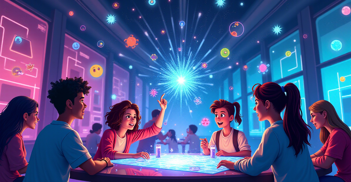 A vibrant and dynamic illustration depicting the fusion of science and gaming. A diverse group of students, enthralled and engaged, are immersed in an interactive, virtual world. The scene could feature a futuristic laboratory with holographic projections of atoms and molecules dancing to the rhythm of a playful, synthesized soundtrack. The game interface is seamlessly woven into the science learning experience, showcasing the power of gamification to transform complex concepts into interactive challenges. The overall mood should be one of excitement, discovery, and wonder, with bright, engaging colors and a playful, futuristic aesthetic.