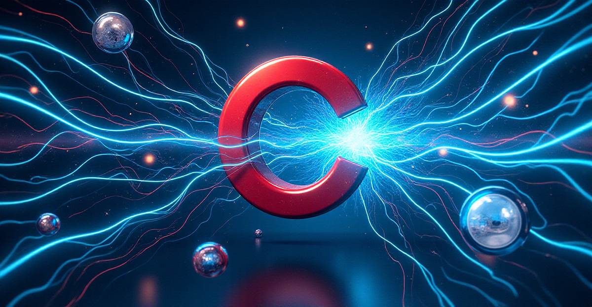 A visually engaging illustration depicting the fundamental principles of magnetism. The central focus is a large, powerful magnet, with its magnetic field lines represented by flowing, vibrant blue lines emanating from its poles, creating a dynamic and abstract composition. The lines should intertwine and interact with various everyday objects, showcasing the diverse applications of magnetism, such as a compass needle aligning with the magnetic field, a spinning electric motor, a hard drive with data being stored through magnetic alignment, and an MRI machine scanning a human body. The overall mood should be both scientific and awe-inspiring, highlighting the invisible force of magnetism that shapes our world.