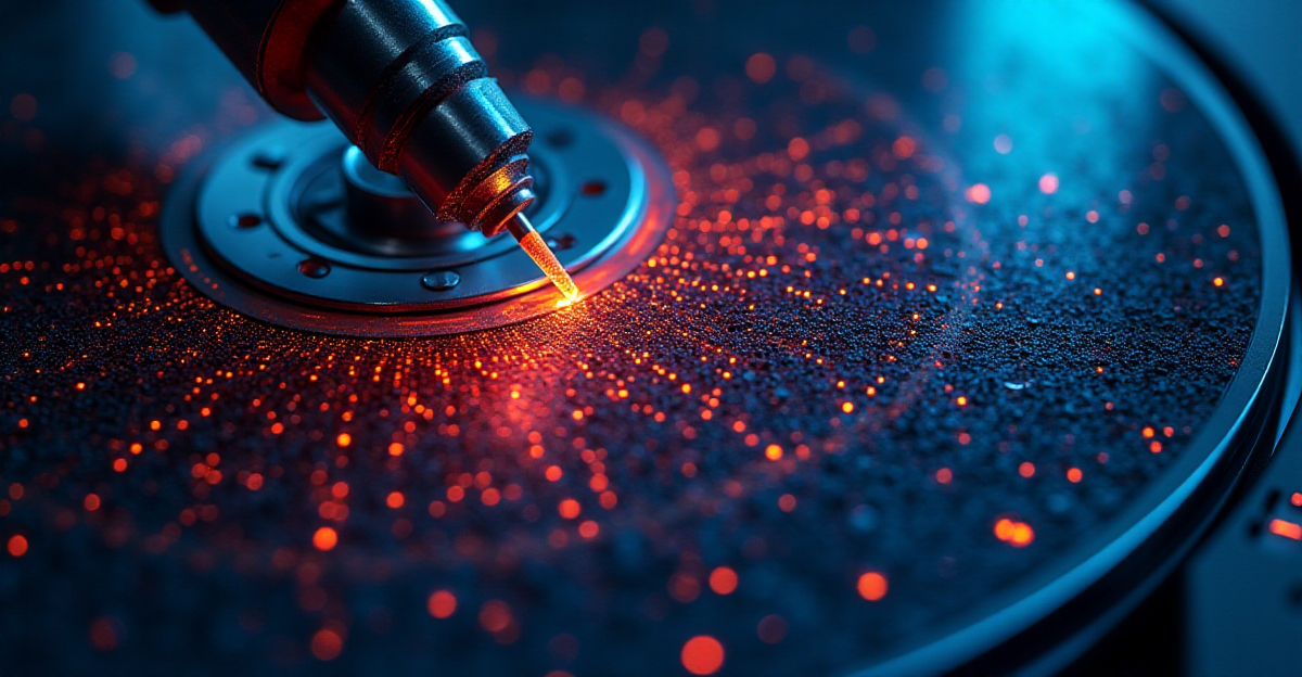 A close-up, detailed illustration showcasing the intricate workings of a hard drive. The focus should be on a section of the spinning disk, where millions of tiny magnetic domains are arranged in a grid, resembling a digital mosaic. Each domain should be depicted as a miniature compass needle, with its direction representing a 1 or 0. A magnetic head, positioned above the disk, should be shown writing data onto the surface, aligning the domains and creating a unique pattern of 1s and 0s. The illustration should evoke a sense of scientific wonder and the incredible power of magnetism, emphasizing the microscopic nature of data storage. Use a mix of vibrant, contrasting colors to highlight the key elements and create a visually engaging composition. The overall mood should be one of technical precision and awe-inspiring discovery, reflecting the hidden world of digital information.