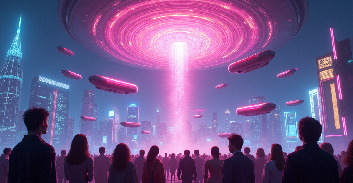 A vibrant and futuristic cityscape illuminated by neon lights and holographic displays, with sleek, magnetically levitating vehicles gliding silently through the air. The city's buildings are a blend of modern architecture and organic shapes, hinting at the integration of nature and technology. In the foreground, a group of diverse people stand together, their faces illuminated by the city's glow, gazing up in awe at a large, swirling vortex of magnetic energy that pulses with vibrant colors, symbolizing the limitless possibilities of magnetism. The composition should evoke a sense of wonder and excitement, reflecting the potential of magnetism to shape a better future.