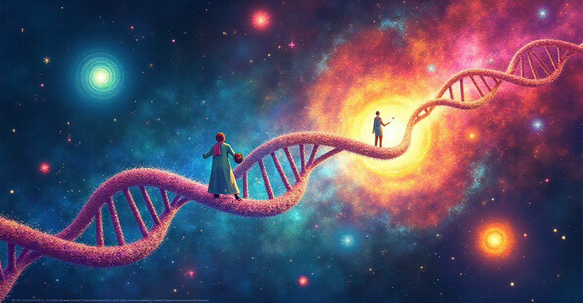 A vibrant and stylized illustration depicting the concept of epigenetics. Imagine a swirling nebula of colors representing DNA, with strands of shimmering light symbolizing gene expression. A central figure, perhaps a scientist or a person, interacts with this nebula, highlighting the influence of lifestyle choices on gene activity. Incorporate various visual metaphors representing healthy and unhealthy lifestyles, such as a glowing sun for exercise, a vibrant garden for a balanced diet, or a dark, shadowy figure for stress. Use contrasting colors to represent the positive and negative impacts of lifestyle choices on gene expression. The overall mood should be optimistic and empowering, emphasizing the potential for positive change through conscious choices.