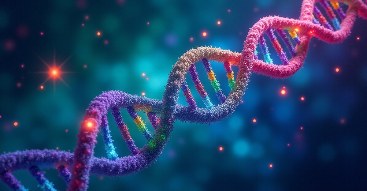 A vibrant and dynamic illustration depicting the concept of epigenetic therapy, showcasing a stylized double helix DNA structure with glowing, colorful switches representing epigenetic modifications. The switches are positioned along the DNA strand, some glowing brightly, symbolizing active genes, while others are dimmer, representing silenced genes. The background is a swirling mix of abstract shapes representing the complex interplay of environmental factors and gene expression. The colors should be vibrant and energetic, with hues of blue, green, and purple representing the interconnectedness of environment, lifestyle, and our genetic makeup. The overall mood is optimistic and hopeful, reflecting the promise of epigenetic therapies in shaping a healthier future.