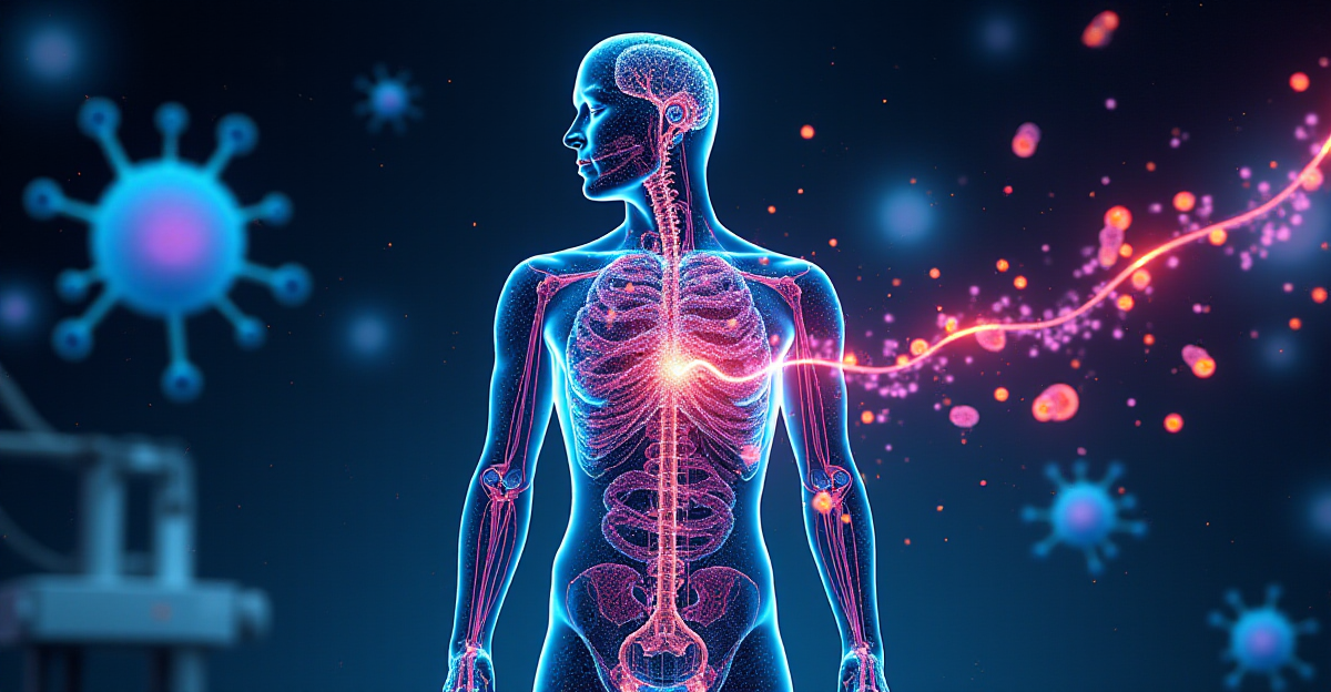 A captivating illustration showcasing the potential of nanotechnology in medicine. Depict a stylized, abstract human body with glowing, colorful nanoparticles traveling through its veins. Highlight the contrast between the macro scale of the human body and the micro scale of the nanoparticles. Incorporate a background featuring futuristic medical equipment and scientific imagery, representing both the current and future possibilities of nanomedicine. The overall mood should be hopeful and inspiring, reflecting the potential of nanotechnology to revolutionize healthcare. Use vibrant colors and dynamic lines to create a sense of movement and energy, conveying the power and precision of these tiny particles.