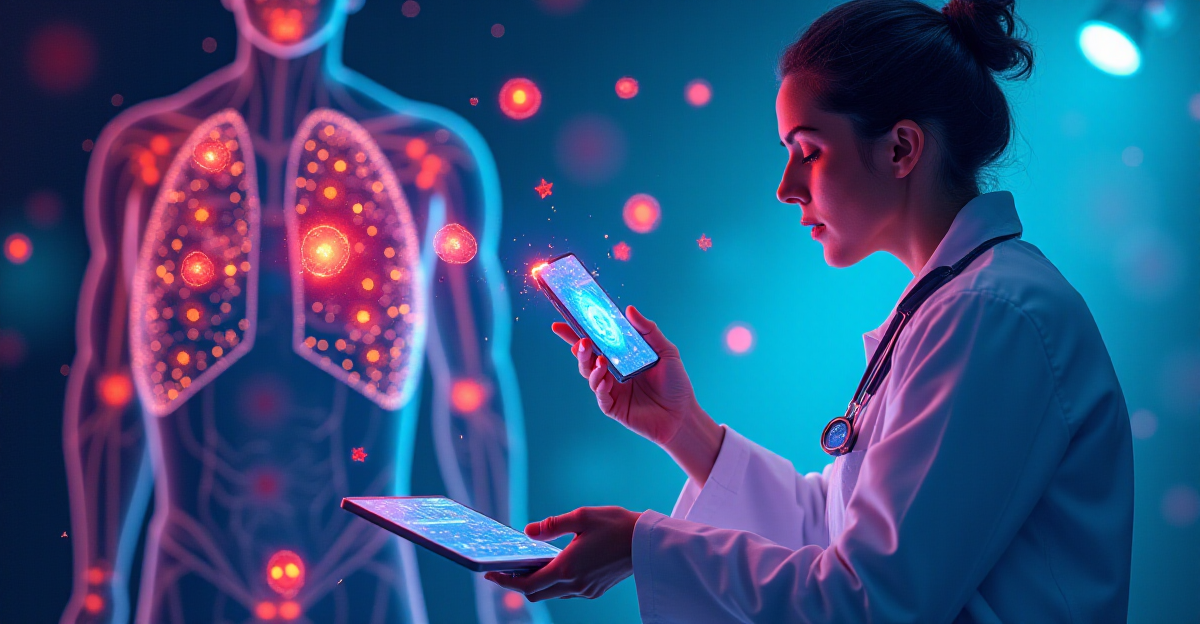 A vibrant and futuristic illustration showcasing the transformative power of nanotechnology in healthcare. The scene depicts a doctor, wearing a futuristic lab coat, using a high-tech device to analyze a patient's cells. Tiny, glowing nanoparticles, resembling miniature stars, are visualized as they travel through the patient's bloodstream, delivering targeted therapies to specific cells. The background could showcase a stylized representation of a human body, highlighting areas of focus like the brain, heart, and lungs. The image should have a strong emphasis on scientific accuracy, showcasing the precision and potential of nanotechnology. Emphasize vibrant colors, with a futuristic aesthetic and a hopeful, optimistic mood. The artwork should depict the merging of advanced technology with human biology, offering a glimpse into the future of healthcare.
