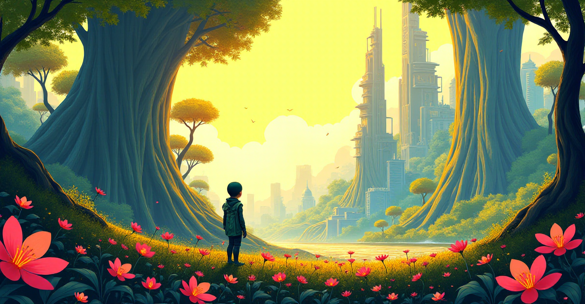 A vibrant, stylized illustration depicting a fusion of nature and technology. A towering, futuristic cityscape, constructed with organic, flowing lines reminiscent of tree branches and leaves, seamlessly integrates with lush greenery and vibrant flora. The scene is bathed in a warm, golden light, symbolizing a harmonious coexistence between the natural and the technological. A small, humanoid figure, clad in bio-inspired clothing, stands amidst a field of bioluminescent flowers, gazing up at the city with a sense of wonder. The overall mood should convey a sense of optimism, progress, and a hopeful future where nature and technology collaborate to create a sustainable and innovative world.