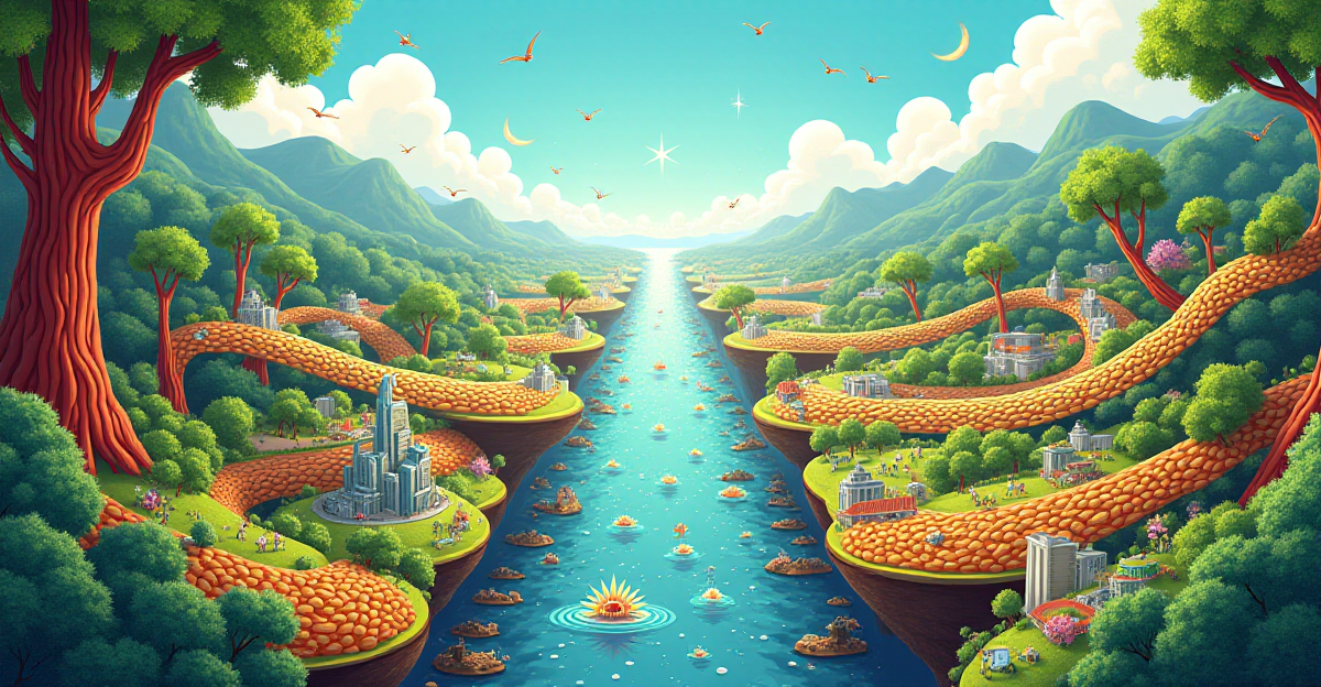 A vibrant and dynamic illustration showcasing the interconnectedness of nature and human innovation through biomimicry. The scene unfolds with a central panel depicting a contrasting split: one side showcasing a majestic natural landscape – perhaps a towering redwood forest, a vibrant coral reef, or a windswept desert – while the other side portrays a modern cityscape with futuristic buildings, advanced technologies, and bustling human activity. Connecting these two worlds are intricate pathways of biomimetic innovations, represented as flowing lines or interconnected structures inspired by the natural elements showcased in the landscape. These lines morph and transform, highlighting key examples of biomimicry: Velcro-like burdock seeds, shark skin inspired aircraft coatings, self-cleaning surfaces based on the Lotus effect, a termite mound-inspired sustainable building, and a spider silk-based lightweight and resilient material. The illustration should be brimming with color, energy, and a sense of wonder, highlighting the power of nature to inspire and drive human ingenuity.