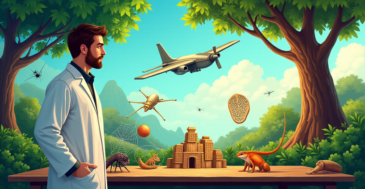 A vibrant and intricate illustration showcasing the concept of biomimicry, emphasizing the interconnectedness between nature and human innovation. In the foreground, a scientist stands beside a table displaying various biomimicry-inspired inventions: a sleek, bird-like aircraft model with sleek wings, a textured building façade mimicking termite mounds, and a magnified view of a gecko's foot demonstrating the principle behind its adhesive capabilities. Behind the scientist, a lush natural landscape unfolds, with a towering tree showcasing a cross-section revealing its intricate vascular system, alongside a spider's web glistening with morning dew. The illustration should be brimming with color and energy, conveying the dynamic interplay between nature and technology while showcasing the boundless potential of biomimicry.