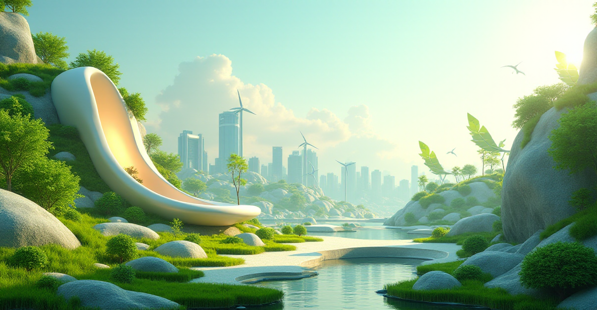 A vibrant and futuristic scene showcasing the potential of bio-inspired design. In the foreground, a sleek, biomorphic structure, perhaps resembling a leaf or shell, glows with internal light, hinting at a sustainable energy source. Behind it, a city skyline emerges, incorporating elements inspired by nature: buildings with organic curves, wind turbines mimicking bird wings, and solar panels resembling leaves. The overall mood is optimistic and hopeful, highlighting the harmonious relationship between technology and nature. The composition should emphasize the interplay between the organic and the technological, creating a visually striking contrast between smooth, flowing curves and sharp, angular lines. Use a color palette of vibrant greens, blues, and whites to reflect the natural world, with accents of gold and silver to represent innovation and progress.