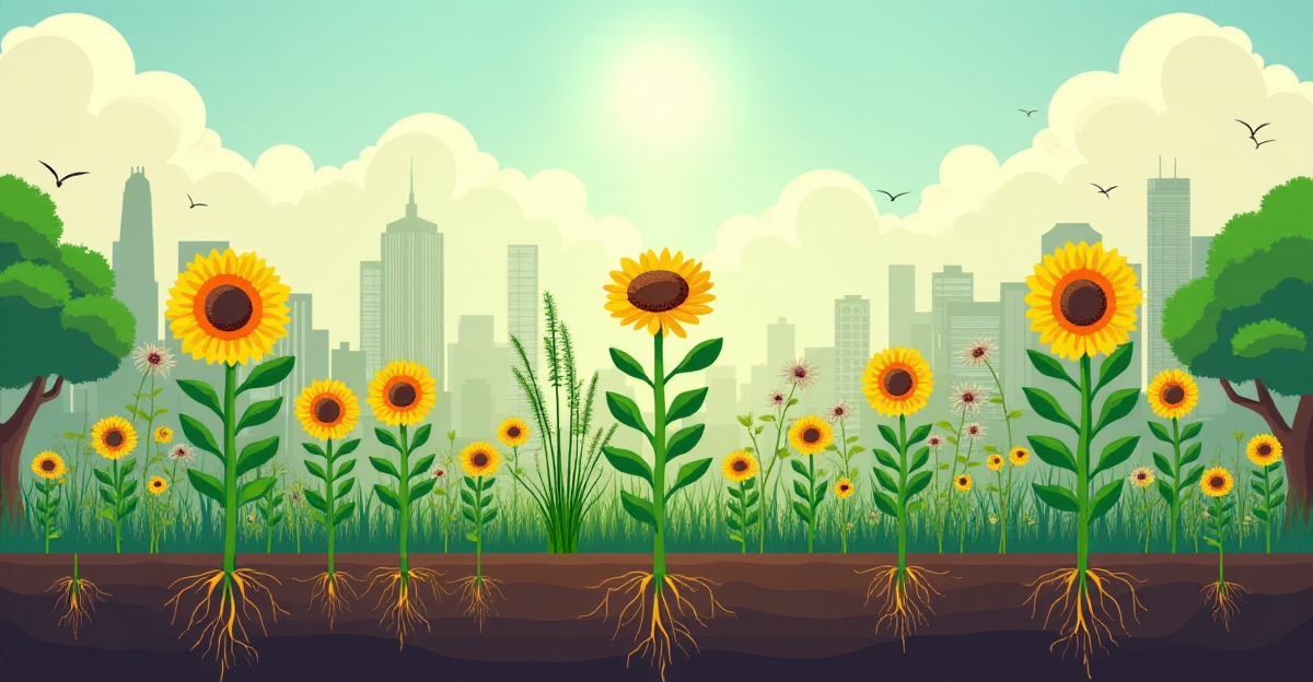 A vibrant, illustrative style image depicting the concept of phytoremediation. A diverse field of plants, including sunflowers, willows, and poplar trees, stand tall against a backdrop of a polluted cityscape. The plants are rendered with bright, saturated colors, contrasting with the gray, hazy cityscape in the background. Sunlight streams down, illuminating the scene, highlighting the plant's roots reaching into the soil, pulling up contaminants. The image should convey a sense of hope and renewal, suggesting the plants' power to cleanse and revitalize the environment.