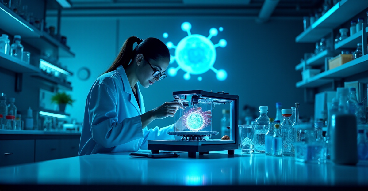 A futuristic medical laboratory scene illuminated by cool, sterile blue light. In the center, a scientist in a white lab coat operates a complex piece of machinery, a bio-printer perhaps, which is creating a miniature, glowing, translucent human organ. Around the scientist are various vials, petri dishes, and other medical equipment, all glowing with internal lights. In the background, a large holographic projection displays the intricate structure of a stem cell, its potential to differentiate into various specialized cells. The overall mood is one of hope and scientific advancement, highlighting the potential of stem cell therapy to revolutionize healthcare.