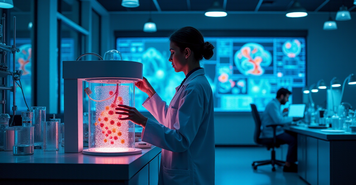 A futuristic laboratory setting filled with advanced scientific equipment, showcasing the intricate process of tissue engineering. In the center, a scientist, dressed in a lab coat, manipulates a glowing bioreactor containing a vibrant, pulsating mass of cells, representing the growth of a new organ. The lab is illuminated with a cool, sterile blue light, highlighting the precise and meticulous nature of the research. Behind the scientist, a large screen displays complex scientific data and intricate 3D models of organs, demonstrating the sophisticated technology involved in this revolutionary field. The overall mood should be hopeful and optimistic, reflecting the potential of tissue engineering to revolutionize healthcare and offer new possibilities for healing and recovery.