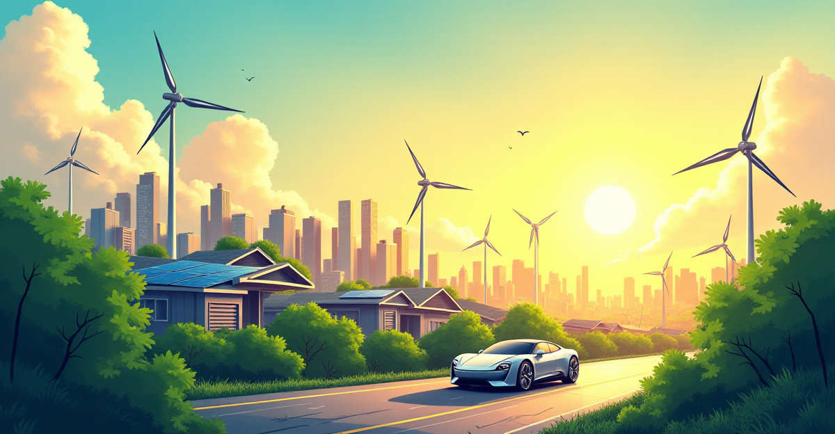 A vibrant, optimistic illustration depicting the power of renewable energy. Imagine a bustling city skyline bathed in warm sunlight, with wind turbines gracefully spinning in the background, generating clean energy. Solar panels adorn rooftops, reflecting the sun's rays, while a futuristic electric car glides through the streets. The cityscape is surrounded by lush greenery, symbolizing a harmonious balance between technology and nature. The overall mood is one of hope and progress, with a focus on sustainability and a bright future powered by renewable energy. The color palette should be bright and energetic, emphasizing the positive aspects of renewable energy.