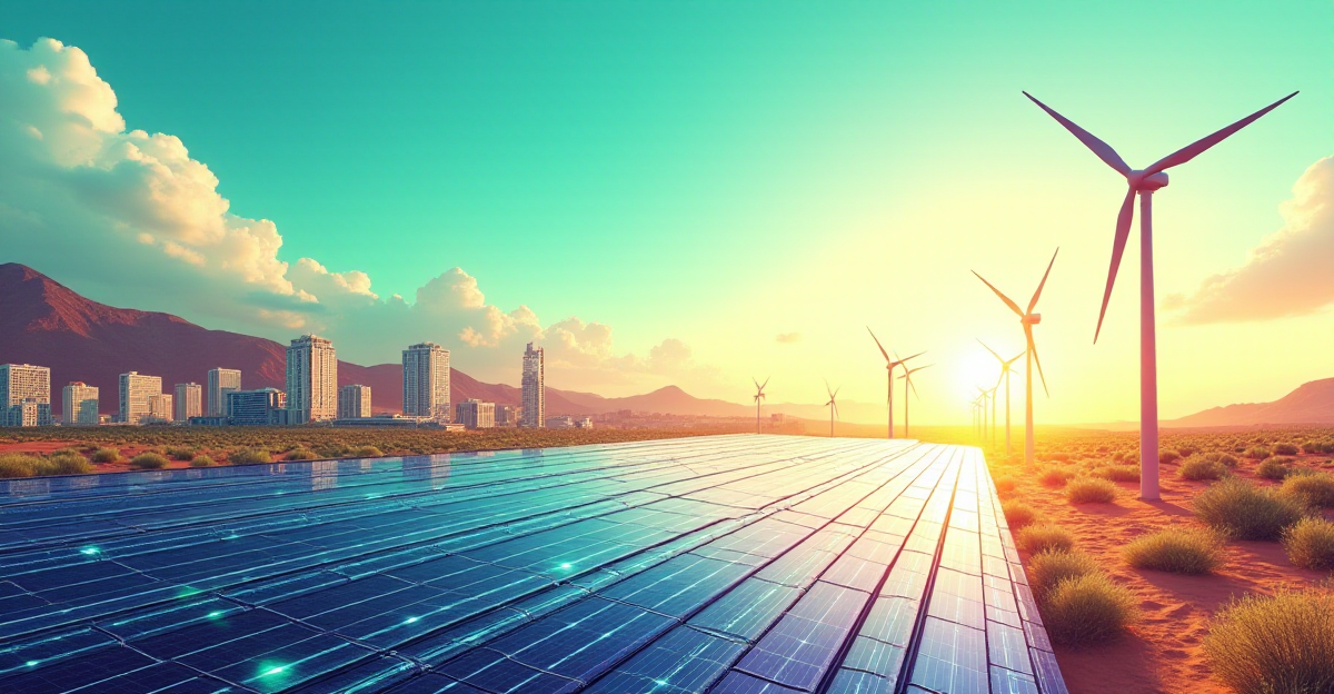 A vibrant and futuristic illustration depicting the latest advancements in solar power. Imagine a panoramic scene with a blend of urban and natural elements. In the foreground, a sleek, futuristic city with buildings incorporating flexible solar panels that seamlessly integrate with their architecture. These panels shimmer with a vibrant, iridescent glow, reflecting the sun's energy. In the background, a vast desert landscape features towering wind turbines, their blades gracefully slicing through the air. Rows of bifacial solar panels are strategically placed, resembling a mirrored field reflecting the sunlight's rays onto a central focal point. The overall atmosphere is one of optimism and progress, highlighting the potential of these technologies to create a sustainable future. The color palette should be bright and energetic, incorporating shades of blue, green, gold, and silver to evoke the energy and dynamism of this clean energy revolution.
