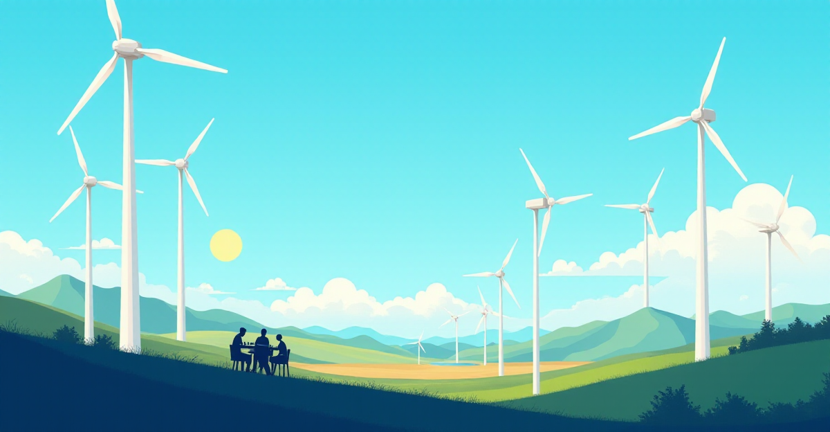 A dynamic and inspiring illustration showcasing the advancements in wind energy technology. Depict a vast landscape with a modern wind farm, featuring towering wind turbines with sleek, innovative blades. The turbines should be gracefully rotating against a vibrant blue sky, with a subtle gradient of light blue to represent the wind's direction. Focus on the detail of the turbine blades, emphasizing the use of advanced materials and aerodynamic designs. In the foreground, showcase a smaller-scale community-owned wind farm, with residents gathered around a table, celebrating their participation in the clean energy transition. Incorporate a symbolic image of a bright, sun-like orb, representing the clean energy generated by wind, alongside the silhouette of a wind turbine, emphasizing the sustainable future powered by this technology. The overall mood should be optimistic and hopeful, highlighting the potential of wind energy to create a cleaner, healthier planet.