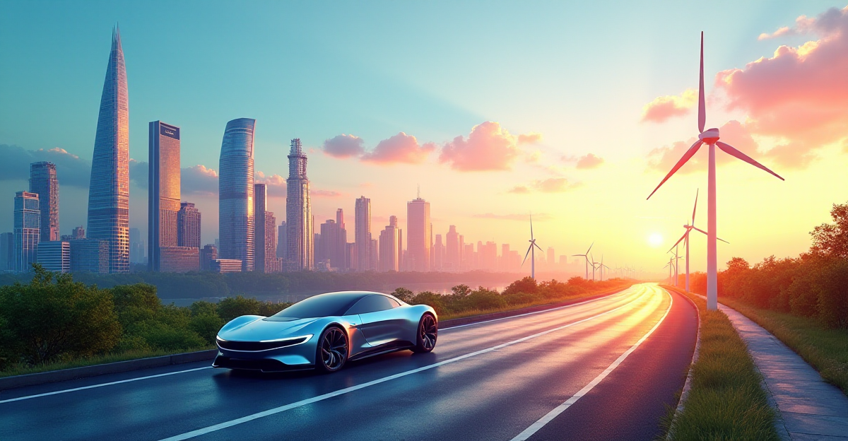 A vibrant and futuristic cityscape, bathed in the warm glow of a setting sun. Towering skyscrapers, seamlessly integrated with sleek solar panels, rise against a backdrop of vibrant blue skies. Wind turbines gracefully dot the horizon, their blades spinning rhythmically, generating clean energy. A futuristic electric vehicle, sleek and aerodynamic, speeds along a highway lined with lush greenery. The overall mood is one of optimistic hope and technological advancement, showcasing the potential of renewable energy to power a sustainable future. The image should have a soft, almost ethereal quality, with vibrant colors and a sense of movement. The focus should be on showcasing the harmony between urban development and renewable energy sources.