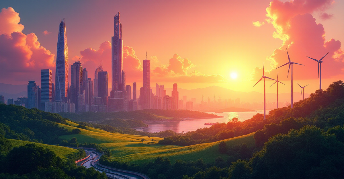A vibrant, futuristic cityscape bathed in the warm glow of a setting sun. Towers and buildings are adorned with sleek solar panels and wind turbines, showcasing a harmonious blend of technology and nature. The sky is a gradient of orange, pink, and purple, symbolizing a hopeful and sustainable future. The cityscape is framed by lush green fields and forests, representing the natural world coexisting with advanced technology. The scene should convey a sense of optimism, progress, and a commitment to a sustainable future.