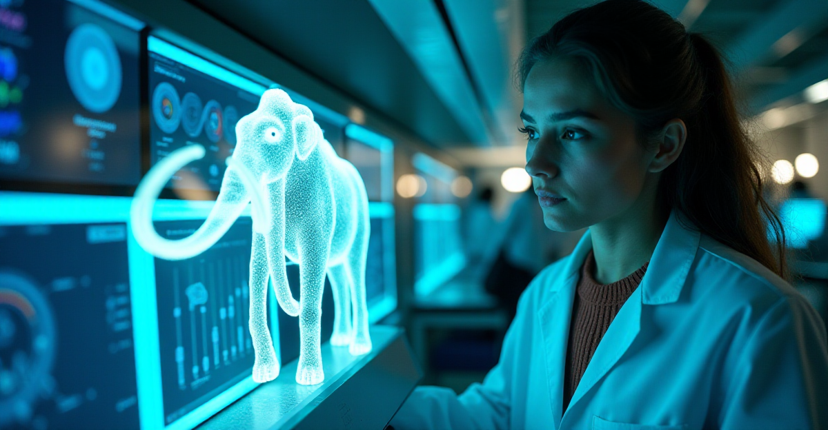 A futuristic laboratory filled with state-of-the-art equipment, glowing with soft blue and green lights. In the center, a scientist in a white lab coat examines a holographic projection of a woolly mammoth, its intricate details shimmering with a subtle rainbow glow. The scientist's face is illuminated by the holographic image, reflecting a mix of awe and determination. In the background, rows of computer screens display complex genetic sequences and intricate data visualizations. The scene exudes a sense of wonder and scientific advancement, hinting at the boundless possibilities of de-extinction technology.