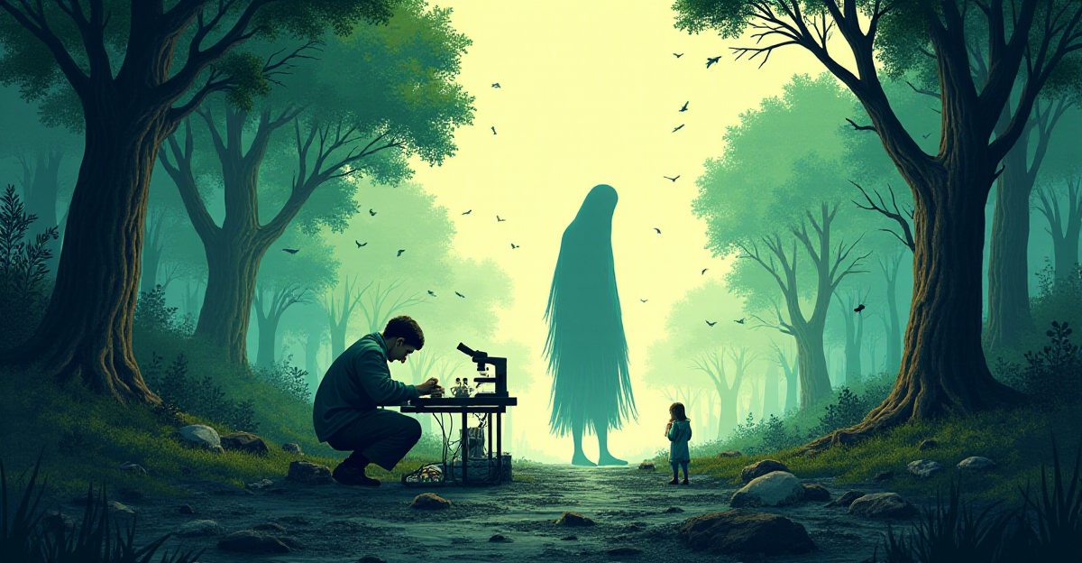 A thought-provoking illustration depicting the ethical considerations surrounding de-extinction. Imagine a stark, contrasting scene. On one side, a vibrant, lush forest teeming with life, with a diverse array of birds, insects, and mammals, symbolizing the richness of biodiversity. On the other side, a desolate, barren landscape, evoking the loss of species and the impact of extinction. In the center, a scientist, hunched over a microscope, surrounded by genetic material and lab equipment, represents the scientific advancement of de-extinction. A shadowy, almost ethereal figure, representing the ghost of an extinct species, looms over the scientist, symbolizing the potential consequences and the ethical questions surrounding the process. Use a muted color palette with splashes of vibrant green and blue to reflect the contrast between the potential benefits and risks of de-extinction. The overall mood should be one of contemplation and uncertainty, urging viewers to consider the ethical implications of this groundbreaking technology.