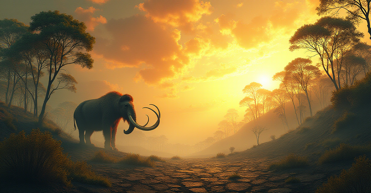 A surreal, dreamlike landscape depicting the intricate web of life and the potential consequences of de-extinction. In the foreground, a majestic woolly mammoth stands amidst a lush forest, its silhouette partially obscured by a swirling mist. The background features a stark contrast: a desolate, barren landscape with skeletal trees and a cracked, parched earth. Above, the sky is a canvas of vibrant, swirling colors, representing the uncertainty and potential chaos of de-extinction. The scene is bathed in a warm, golden light, creating a sense of both wonder and foreboding. The overall mood is one of contemplation, urging viewers to consider the potential risks and rewards of bringing back extinct species.