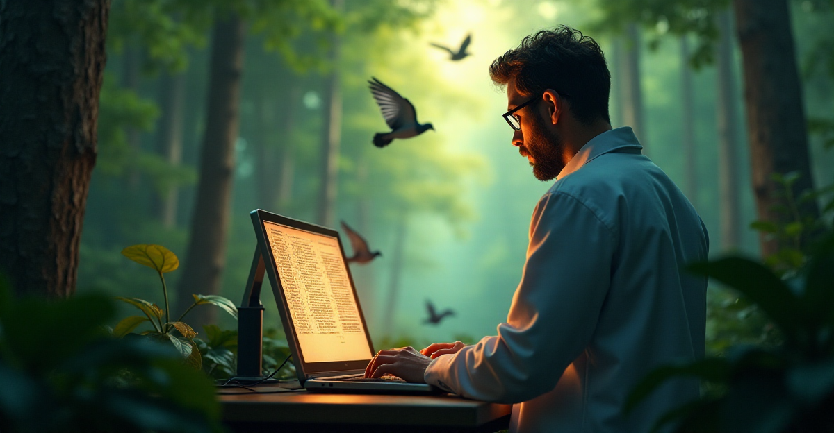 A dramatic, yet hopeful, scene depicting the concept of de-extinction. In the foreground, a scientist in a lab coat, illuminated by warm, focused light, examines a glowing genetic sequence on a computer screen. Behind them, blurred yet visible, is a vibrant, lush forest teeming with life. In the distance, a flock of passenger pigeons takes flight, their wings casting a shadow on the green foliage. The scene should convey a sense of scientific wonder, intertwined with a profound respect for the natural world. The color palette should be a mixture of cool blues and greens, representing scientific progress, and warm browns and yellows, signifying the beauty of nature. The overall tone should be optimistic, yet tinged with a sense of responsibility and caution.