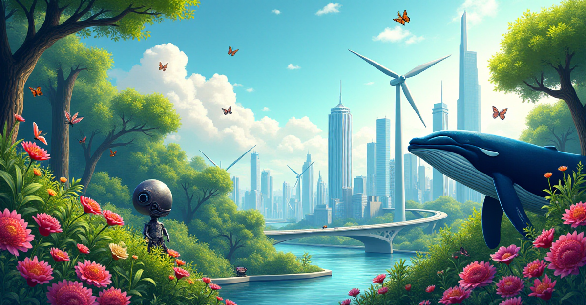 A vibrant and stylized illustration depicting the concept of biomimicry. The image should showcase a juxtaposition of nature and technology, with a focus on the transfer of knowledge and inspiration. On one side, depict a lush, vibrant forest teeming with life - butterflies fluttering amongst blooming flowers, a spider spinning its intricate web, a gecko clinging to a smooth surface. On the other side, showcase a modern cityscape with sleek, biomimicry-inspired structures: a wind turbine resembling a humpback whale's fin, self-healing concrete bridges, and a robot inspired by the gecko's ability to climb walls. Use a contrasting color palette, with the natural side being bright and organic, and the technological side featuring cool, metallic tones. The overall mood should be one of wonder and possibility, highlighting the potential of biomimicry to solve humanity's most pressing challenges.