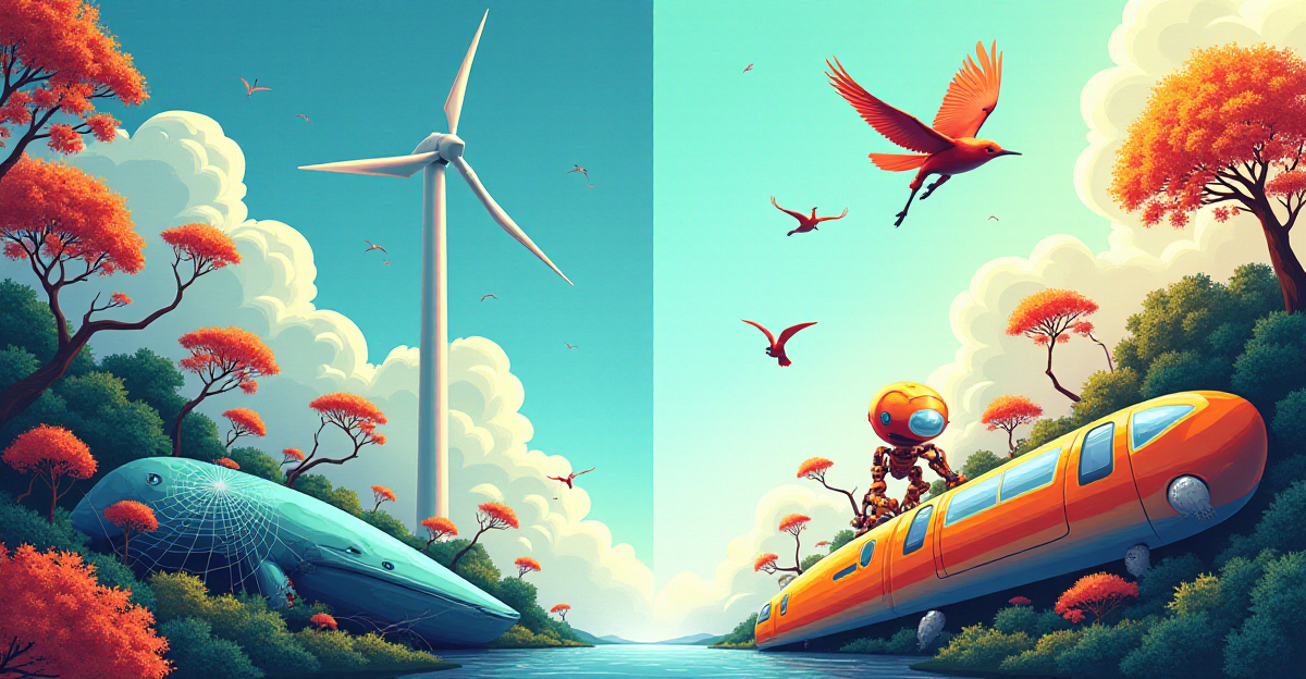 A vibrant and inspiring illustration showcasing the power of biomimicry in technology. The composition features a central panel displaying a contrasting scene of nature and technology. On one side, depict a serene natural environment, showcasing the intricate design of a spiderweb, the aerodynamic grace of a bird in flight, and the elegant structure of a humpback whale's flipper. On the opposing side, illustrate the technological applications inspired by these natural designs: a wind turbine with tubercles, self-healing concrete repairing a crack, a sleek high-speed bullet train, and a robot using gecko-inspired adhesive to climb a wall. The overall mood should be positive and optimistic, highlighting the harmony between nature and technological advancements. The colors should be bright and energetic, with a focus on showcasing the beauty and ingenuity of both the natural and technological worlds.