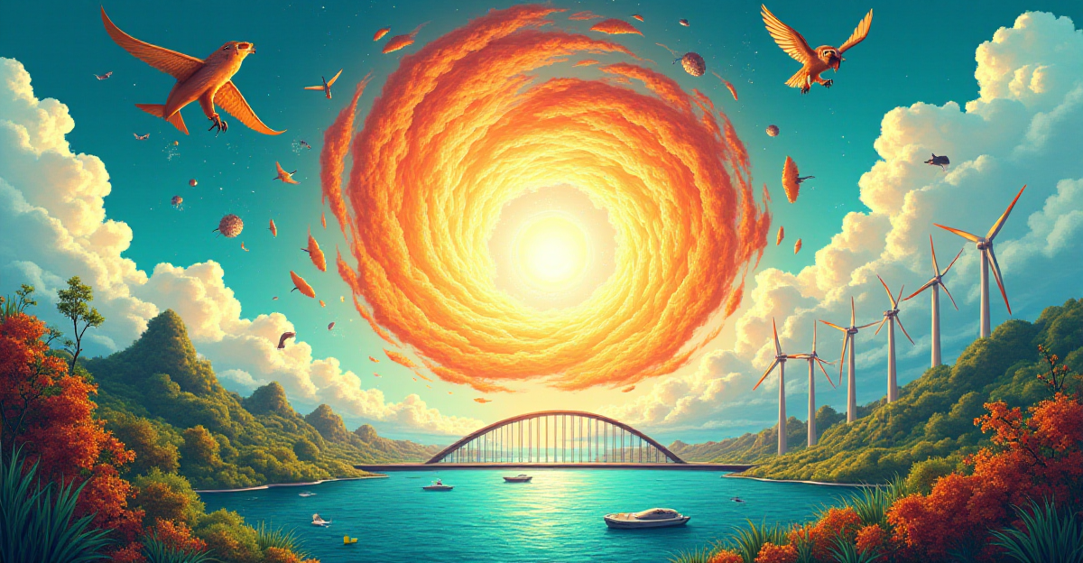 A vibrant and dynamic illustration showcasing the concept of biomimicry. The image should be composed of a central, abstract representation of nature, perhaps a swirling nebula of colors or a fractal-like structure, representing the interconnectedness and complexity of the natural world. Emerging from this core are diverse examples of biomimicry: a sleek, owl-inspired aircraft soaring silently overhead; a bridge made of self-healing material; and a futuristic cityscape adorned with wind turbines designed after humpback whale fins. The colors should be bright and optimistic, conveying the promise of innovation and sustainability. A subtle sense of wonder and awe should permeate the scene, highlighting the beauty and ingenuity of nature and the potential of biomimicry to solve humanity's challenges.