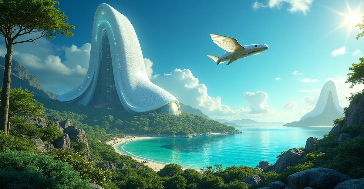 A vibrant and futuristic scene showcasing the fusion of nature and technology. In the foreground, a towering, bioluminescent building, reminiscent of a giant kelp forest, rises from a lush landscape. Its smooth, organic curves mimic the graceful lines of a whale. Solar panels, shaped like hummingbird wings, gently sway in the breeze, capturing energy with remarkable efficiency. Hovering above, a sleek, silent drone, inspired by the owl's silent flight, effortlessly navigates the sky. The overall mood is optimistic and hopeful, emphasizing the harmony between nature and human innovation. Use a blend of realistic and stylized elements, with vibrant greens, blues, and bioluminescent hues, creating a sense of wonder and possibility.