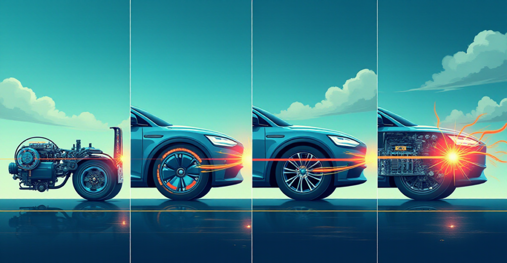 A detailed illustration depicting the core principles of electric vehicle physics. The scene is divided into four sections, each representing a key concept: energy efficiency, regenerative braking, battery physics, and electric motor function. The energy efficiency section could show a stylized electric motor with minimal moving parts, contrasted with a complex internal combustion engine generating significant heat. The regenerative braking section could depict a car braking with a visible energy flow from the wheels to the battery, represented by glowing lines. Battery physics could be represented by a cutaway view of a lithium-ion battery, highlighting the electrochemical processes within. Finally, the electric motor function section should showcase the interaction between magnetic fields and electric currents within the motor, leading to rotation and power generation. The overall mood of the illustration should be informative and engaging, conveying the complex yet fascinating nature of electric vehicle physics. Use a vibrant color palette with a clean, minimalist aesthetic to highlight the technical aspects of each section.