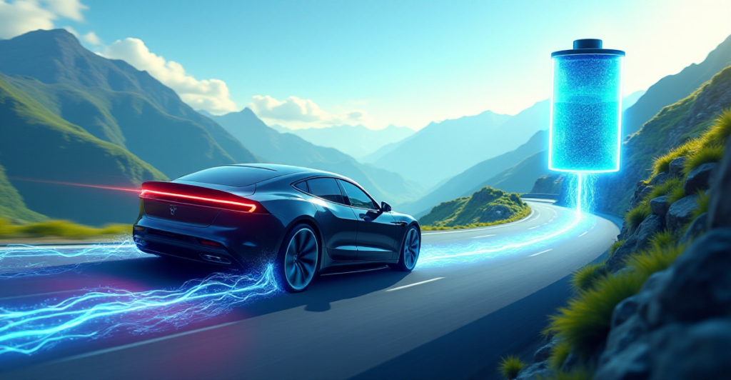 A dynamic illustration depicting the concept of regenerative braking in an electric vehicle. The scene should showcase a sleek electric car driving along a winding mountain road. The car's brake lights illuminate brightly as it descends a steep hill. Behind the car, a glowing energy stream representing captured energy flows upwards from the wheels towards a large, luminous battery icon. The battery should be positioned above the car, signifying the storage of energy. The background should be a vibrant landscape of mountain ranges and lush greenery, with a hint of sunlight filtering through the clouds. The overall mood should be one of innovation, efficiency, and sustainable technology. The colors should be bright and energetic, with a focus on blues, greens, and yellows to represent energy and nature. The visual style should be a mix of realistic car design with a touch of stylized energy flow and battery iconography.