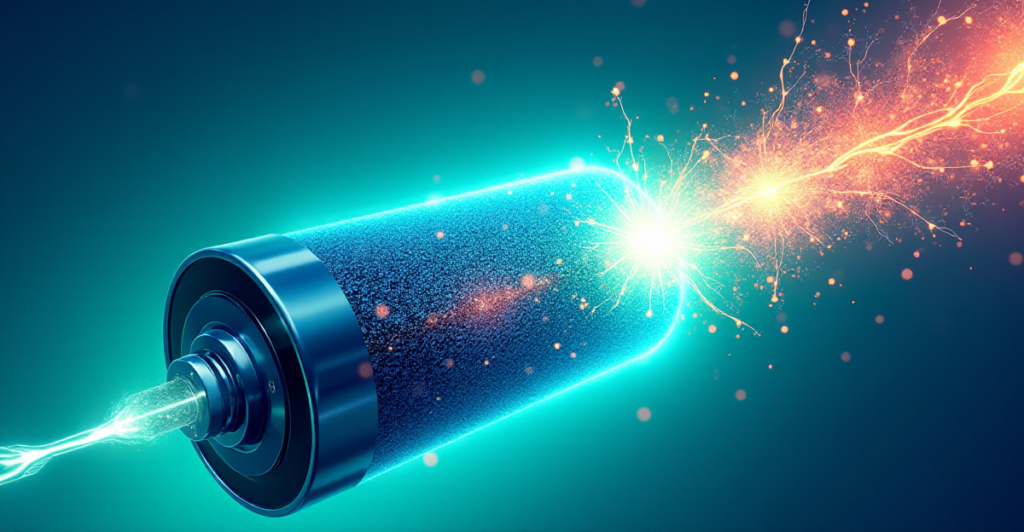 A vibrant, abstract illustration representing the inner workings of a lithium-ion battery. Imagine a swirling vortex of electrons and lithium ions flowing between a graphite anode and a cobalt oxide cathode, depicted as geometric shapes. The background is a vibrant gradient of blue and green, symbolizing energy flow and the electric revolution. The overall mood should be energetic, futuristic, and optimistic, reflecting the potential of battery technology to shape a cleaner future. Emphasize the dynamic movement of particles and the interconnectedness of the battery's components.